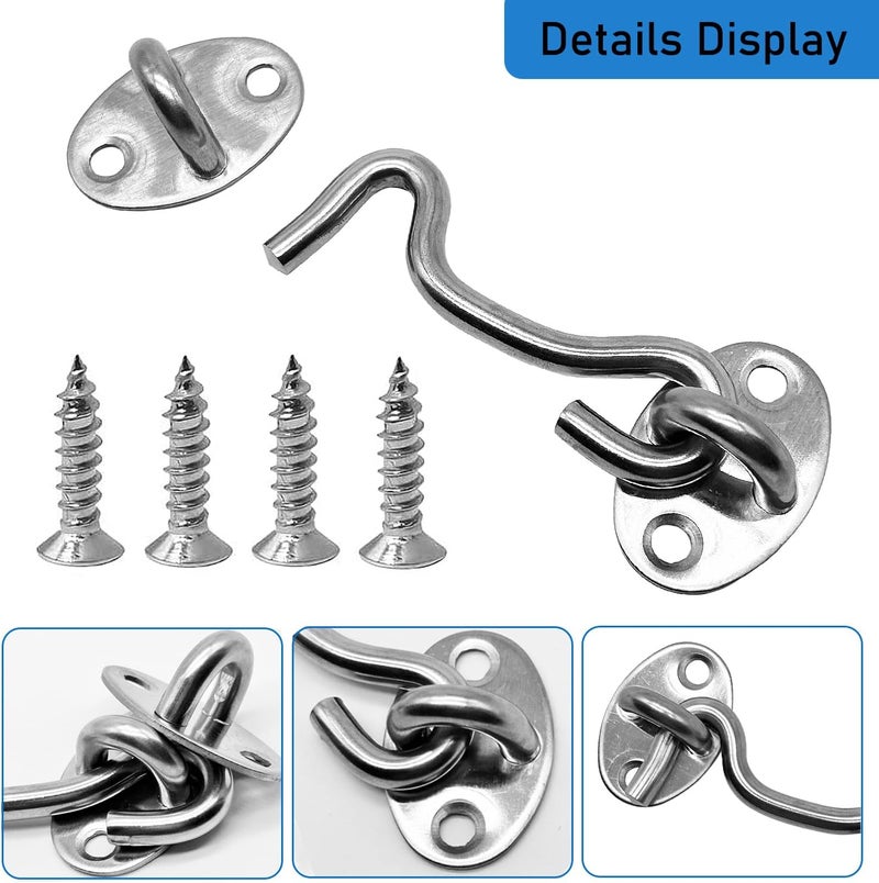 CUKAYO 4 Pack 3" Hook and Eye Gate Latch, Stainless Steel Rust-Resistant Barn Door Lock Cabin Hooks for Gate Shutters Window Slide Barn Shed Cabinet Bathroom, with 16pcs Screw,Silver - Image 3